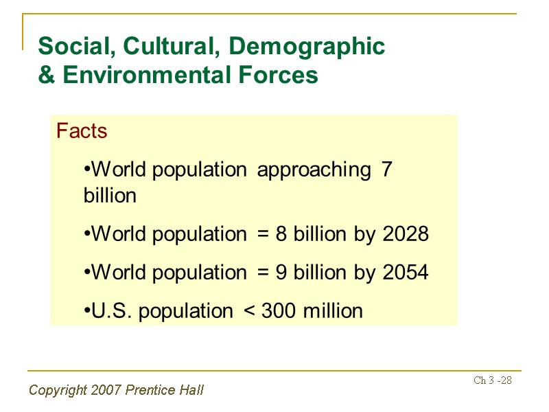 Copyright 2007 Prentice Hall Ch 3 -28 Social, Cultural, Demographic & Environmental Forces Facts